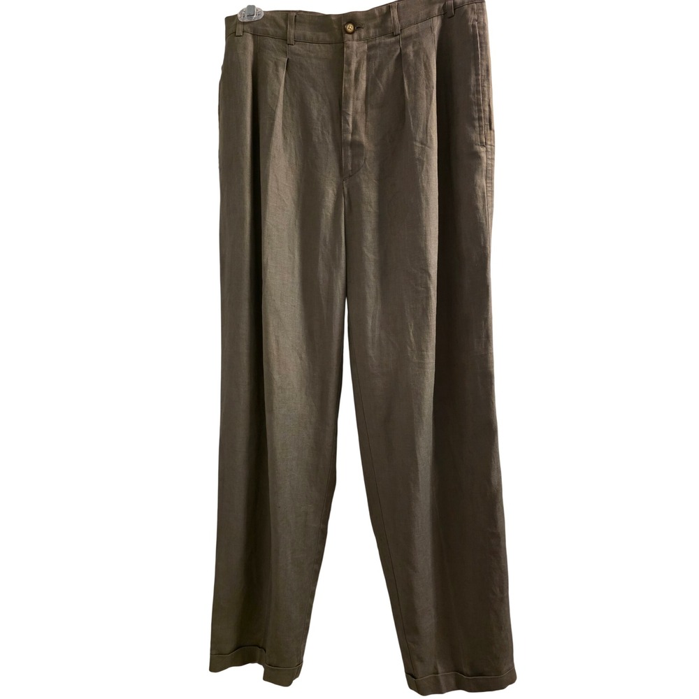 Structure Le Collezioni Mens 33L Pleated Linen Pants Olive Brown Cuffed Trousers
